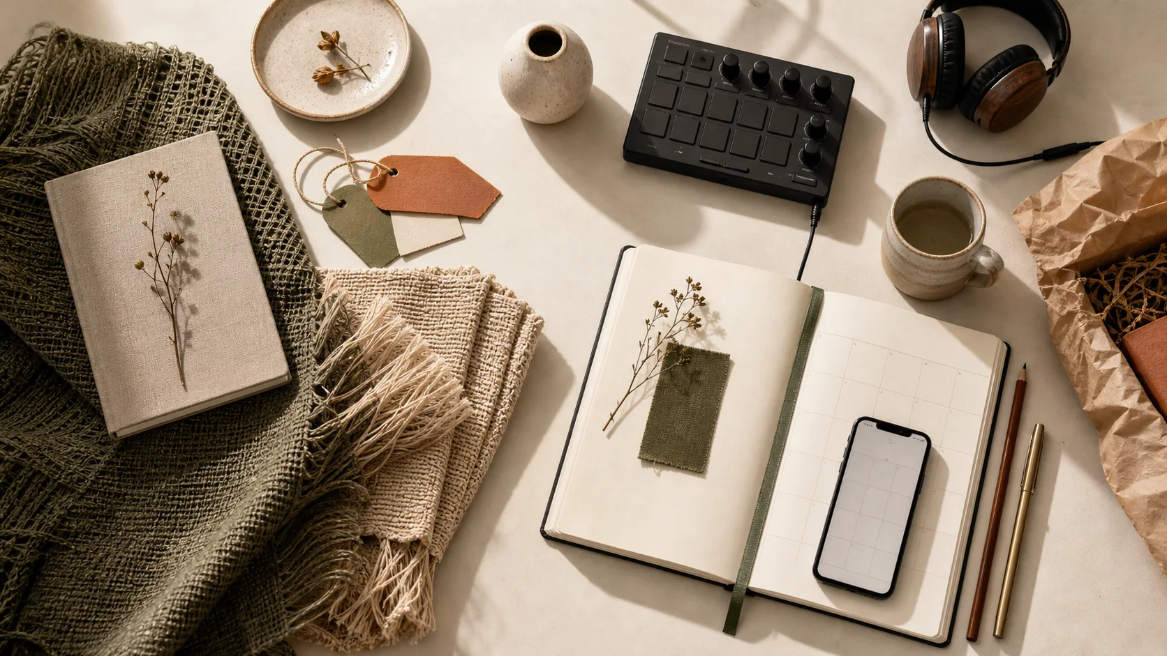 Materiais artesanais, planejamento, tecnologia e produção criativa em uma mesma mesa de trabalho